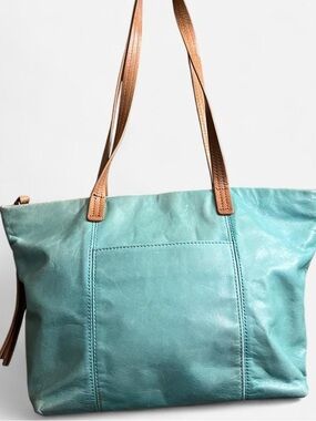 HOBO Teal Leather Tote with Tan Shoulder Straps